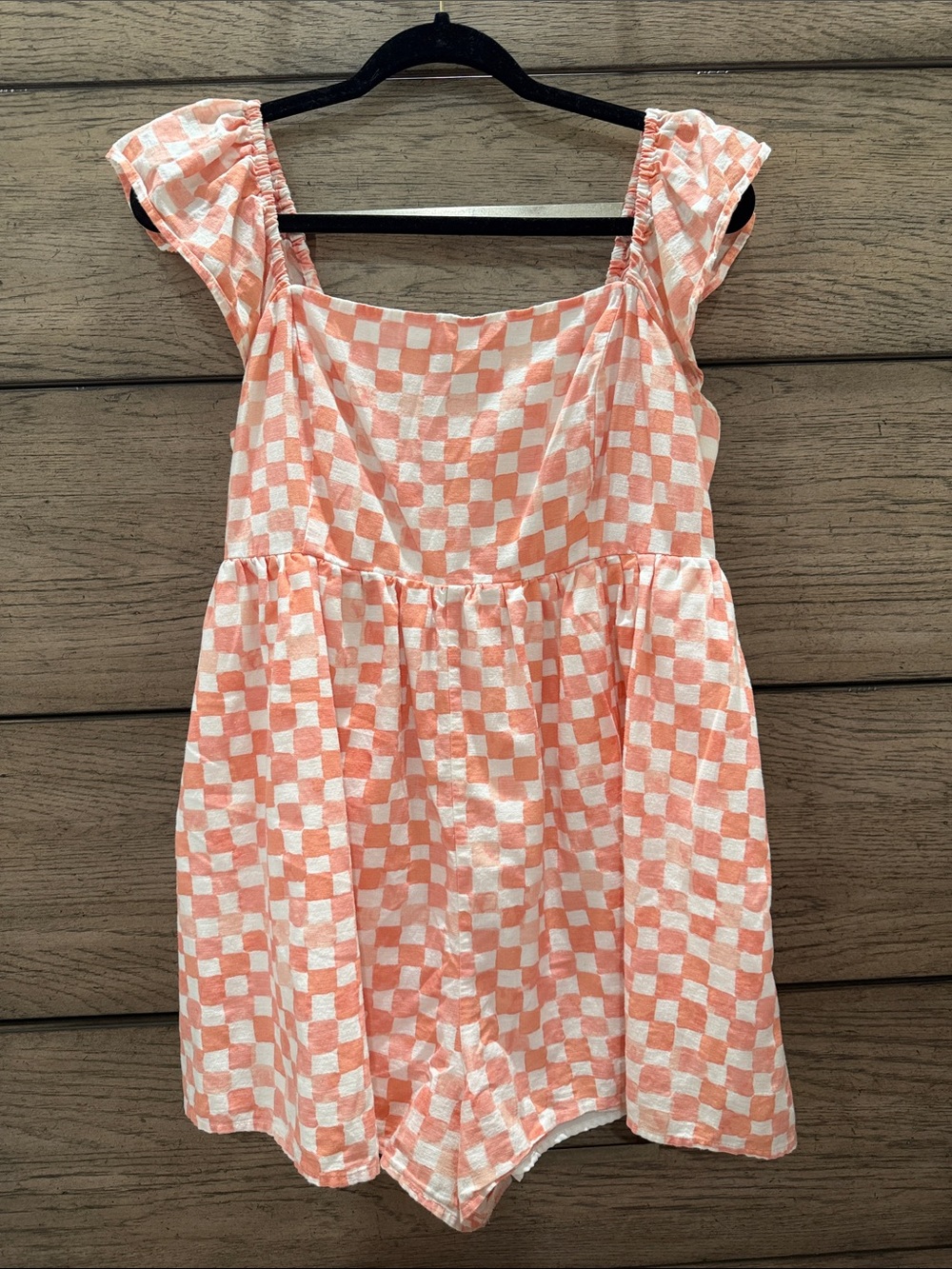 American Eagle Outfitters Peach and White Check Square-Neck romper